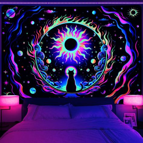 PRICES MAY VARY. 🐈UV/BLACKLIGHT REACTIVE:This blacklight cat tapestry adopts advanced heat transfer technology and exclusive ink, which not only has vibrant colors, but also glows in the dark when exposed to UV/black light to immerse you in the scary atmosphere! 🐈EXCELLENT QUALITY:The overall quality of this UV reactive space tapestry is excellent, we use HD printing technology to ensure that the material used polyester fiber, light and durable, no fading or color fading! 🐈SCENE DECORATION:Th Black Light Bedroom, Boho Witchy Bedroom, Black Light Tapestry, Vaporwave Room, Cool Tapestries, Cat Tapestry, Tapestry For Bedroom, Living Room Tapestry, Space Tapestry