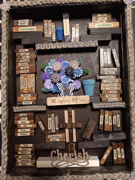 Dollar Tree Crafts & DIY with Instructions! + Freebies! 🥳 | The 66 Books of the Bible in miniature shadowbox | Facebook Books In The Bible, 66 Books Of The Bible, Dollar Tree Crafts Diy, Bible Cross, Jenga Blocks, Peg Doll, Assemblage Art, Dollar Tree Crafts, Books Of The Bible