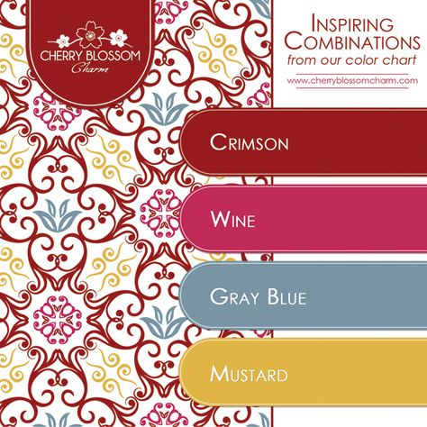 Color Combination featuring January's Birthstone (Garnet) - Crimson, Wine, Gray Blue, and Mustard Crimson Colour Palette, Mustard Colour Combination, Yarn Color Combinations, Colour Combos, Colour Combo, Yellow Colour, Colour Inspiration, Colour Board, Paint Chips