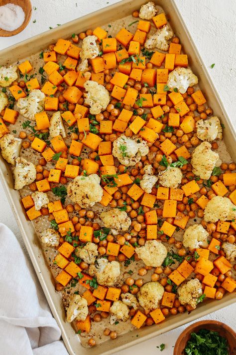 Cauliflower And Chickpeas, Roasted Cauliflower And Chickpeas, Roasted Cauliflower Chickpea, Roasted Honey Nut Squash And Chickpeas With Hot Honey, Roasted Cauliflower Chickpea Potato Bowl, Maple Lime Roasted Cauliflower And Chickpeas, Easy Healthy Side Dishes, Glazed Meatballs, Roasted Squash