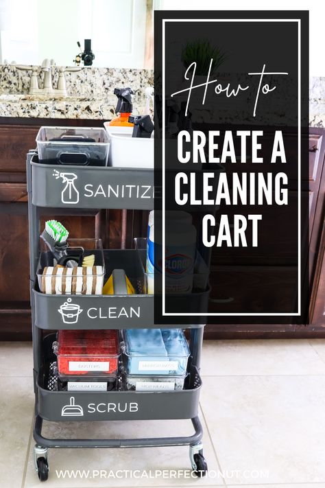 Create a cleaning cart to make cleaning easier! Cleaning Cart Organization, How To Organize Cleaning Supplies, Cleaning Cart Ideas, Cleaning Caddy Ideas, Organize Cleaning Supplies, Cleaning Trolley, Organizing Hacks Dollar Stores, Cart Organization, Products Organization