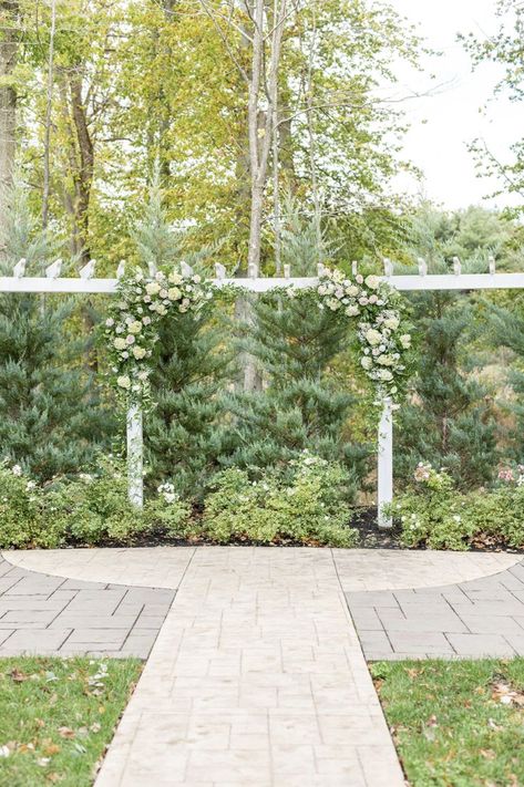 Venue: The Estate at New Albany Ceremony Pergola, Floral Arrangement, White Wedding, Wedding Inspo, Wedding Ceremony, Floral Arrangements, Our Wedding, Landscaping, Pergola