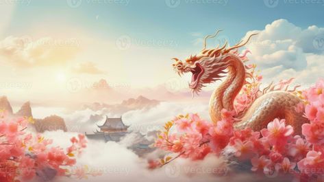 Chinese New Year background with dragon. Illustration AI Generative China Computer Wallpaper, Chinese Dragon Background, Chinese Aesthetic Wallpaper Desktop, Chinese Dragon Wallpaper Aesthetic, Chinese Background Aesthetic, Chinese Background Landscape, Art Desktop Wallpaper, Chinese New Year Wallpaper, Cny 2024