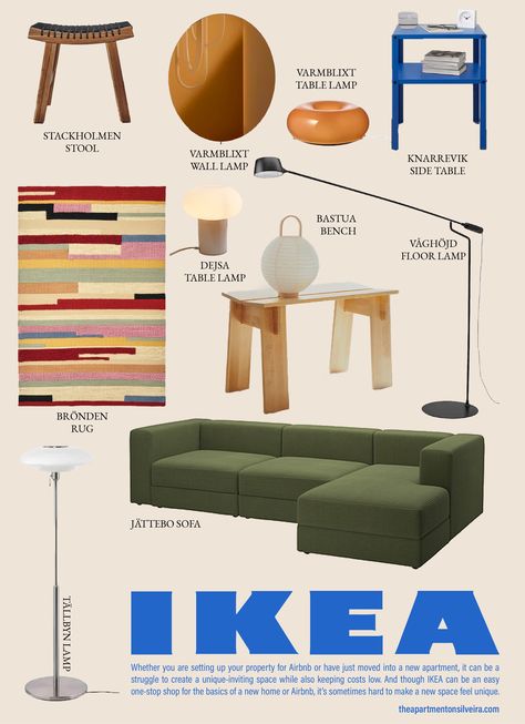 graphic poster of unique IKEA decor items and furniture Ikea Midcentury Hack, Ikea Minimalist Living Room, Ikea Bauhaus, Baggebo Ikea, Ikea Airbnb, Ikea Knarrevik, Ikea Varmblixt, Bauhaus Apartment, Ikea Omar