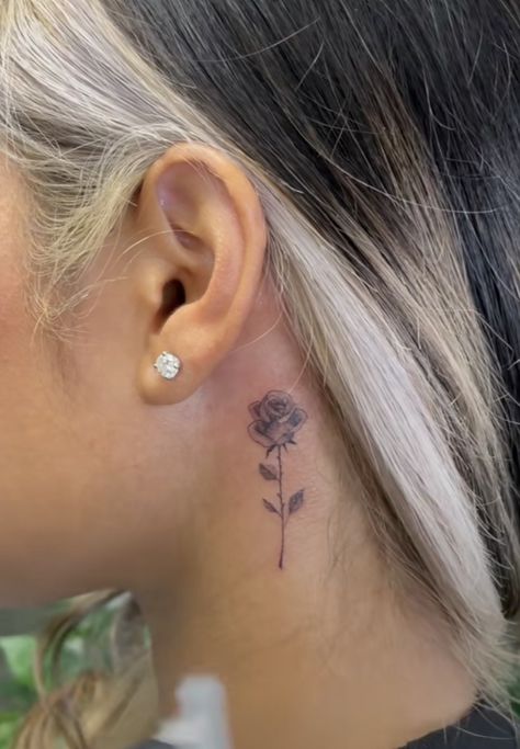 Small rose, neck tattoo Back Ear Tattoo, Rose Tattoo Behind Ear, Rose Neck Tattoo, Flower Neck Tattoo, Small Neck Tattoos, Behind Ear Tattoos, Girl Neck Tattoos, Side Neck Tattoo, Small Rose Tattoo