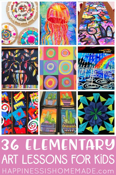 36 Elementary Art Lessons for Kids - one for every week of the school year! Perfect for homeschool families, teachers, scout leaders, and parents! Sen Art Activities, Art Class For Elementary Students, Art Lessons For Elementary Students, One Day Art Lessons Elementary, Art Projects For Elementary Students, Projects For Elementary Students, Art Projects For Elementary, Coop Art, Upper Elementary Art