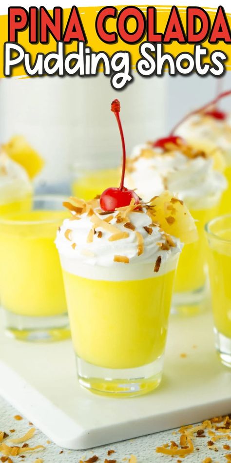 Pina Colada Pudding Shots, Pina Colada Pudding, Rumchata Pudding Shots, Pina Colada Jello Shots, Best Jello Shots, Jello Pudding Shots, Flavored Alcohol, Jell O Shots, Frosting Chocolate