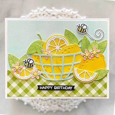 Lawn Fawn Fruit Basket, Lawn Fawn Zesty Lemon, Lawn Fawn Zesty Lemon Cards, Lawn Fawn Birthday Cards, Lemon Basket, Fruit Cards, Lemon Crafts, Food Cards, Lawn Fawn Stamps