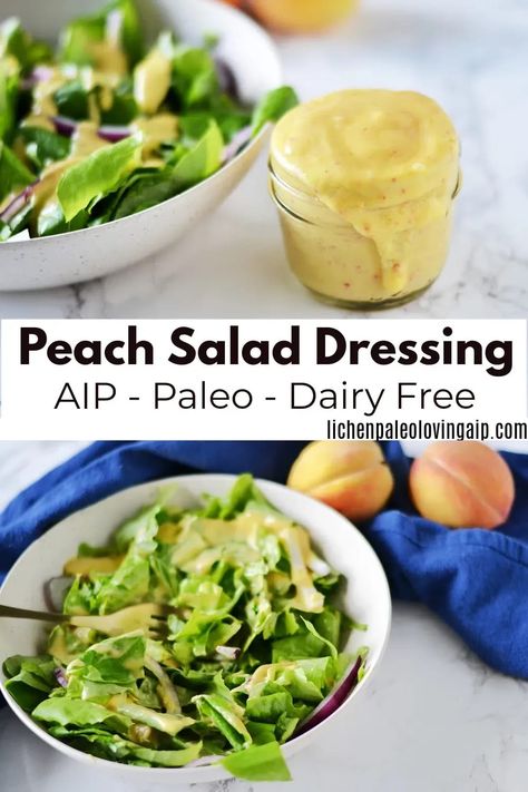 This peach salad dressing is super tasty and easy to make with only five ingredients! It’s also #AIP compliant #paleo #glutenfree #dairyfree Aip Salad Dressing, Peach Salad Dressing, Aip Salad, Aip Salads, Aip Condiments, Aip Sauces, Aip Lifestyle, Whole30 Lunch, Paleo Sauces