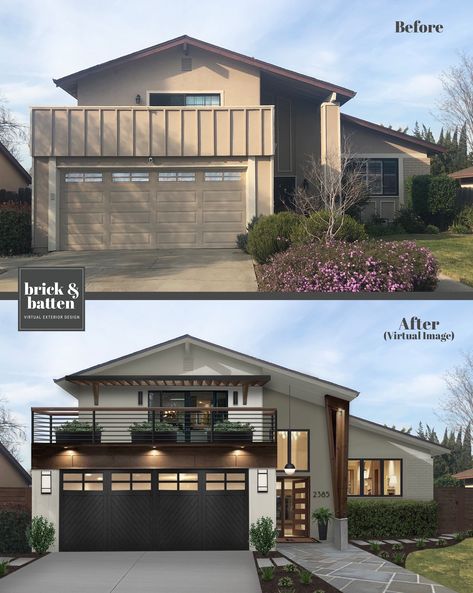 15 of Our Favorite Home Makeovers for 2020 | Blog | brick&batten Garage In Front Of House Design, Front House Remodel, Home Images Houses, House With Garage In Front Design, Outside Wall Design House, Garage In Front Of House, Porch Over Garage, Snout House, House Inspiration Exterior