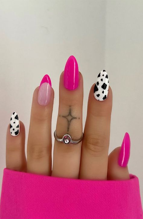 cow print nails, cow print nails short, cow print nail art, cow print nails pink, Cow print nails designs, cow print nails french tip, brown cow print nails, cow nail designs, cow french tip nails Simple Nail Designs Cow Print, Cow Print Toenails, Fire Nails Pink, Hot Pink Cowprint Nails, Cowgirl Pink Nails, Fun Nail Designs Pink, Preppy Cowgirl Nails, Nails Hot Pink Tips, Pink Cowgirl Nails Designs