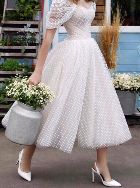 Chic Polka Dot Midi Wedding Dress With Off-shoulder Design, Short Wedding Dress, Reception Dress, Engagement Dress - Etsy 1950 Wedding Dress, Short Bride Dresses, Wedding Dress Reception, Polka Dot Wedding Dress, Short Bride, Courthouse Wedding Dress, Midi Wedding Dress, Dress Engagement, Engagement Dress