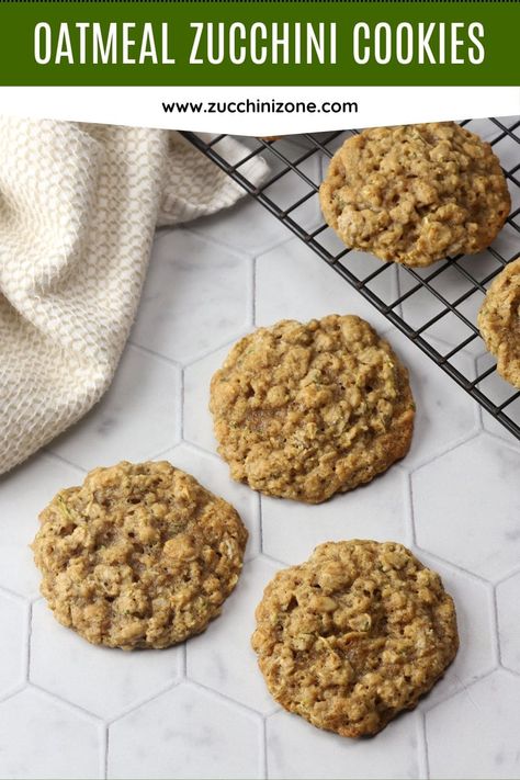 Oatmeal zucchini cookies by Zucchini Zone. Oatmeal zucchini cookies are chewy, homemade cookies filled with oats, cozy cinnamon, and shredded zucchini. They're great for after school snacking or your next holiday cookie tray! #oatmealcookies #zucchinicookies #oatmealzucchinicookies #zucchinirecipes #cookies Zucchini Carrot Cookies, Zucchini Oatmeal Cookies Recipes, Zucchini Bread Cookies, Easy Zucchini Cookies Recipes, Zucchini Cookies Recipes, Healthy Zucchini Cookies, Zucchini Oatmeal Muffins, Oatmeal Zucchini, Squash Ideas