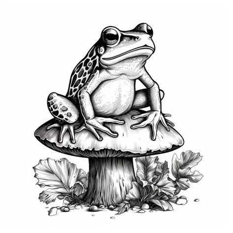 A black and white drawing of a frog sitting on a mushroom generative ai | Premium AI-generated image Frog Sitting, White Drawing, Logo Psd, Free Business Card Mockup, A Frog, Flyer Maker, Business Card Maker, Black And White Drawing, Card Banner