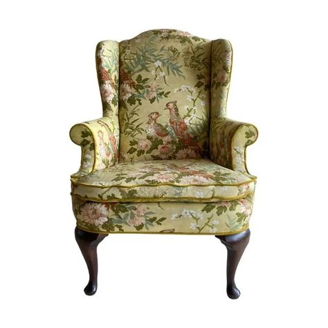 Dandy Wingback Chair - Relics Rentals Victorian Chair Modern, Victorian Lounge Chair, Victorian Wingback Chair, Floral Wingback Chair, Queen Anne Wingback Chair, Yellow Backdrop, Fine Antique Furniture, Party Vibe, Wingback Chairs