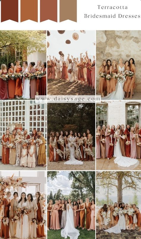 Terracotta Palette Bridesmaid Dresses, Champagne And Terracotta Wedding, Wedding Color Theme Ideas, Terracotta Wedding Theme, Terracotta Wedding Color, Terracotta Bridesmaid Dresses, Bridesmaid Dresses 2024, Bridesmaid Color Palette, Terracotta Bridesmaid