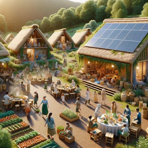 Living in Harmony: A Glimpse Into Eco-Village Life Eco Friendly Future City, Solarpunk Village, Eco Village Design, Ecovillage Design, Sustainable Village, Compound Living, Eco Village Community, Eco Community, Community Village