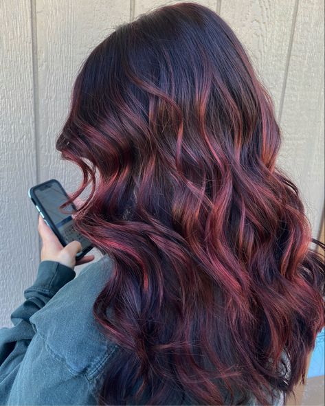 Maroon Hair Color Highlights, Red And Black Lowlights In Brown Hair, Maroon Brown Balayage, Brunette Hair With Maroon Highlights, Cherry Bayalage Hair, Red Violet Balayage Brunette, Deep Red Lowlights In Brown Hair, Dark Cherry Red And Black Hair, Cherry Lowlights In Brown Hair