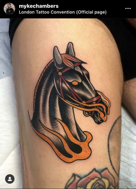 Traditional Tattoo Horse, Horse Head Tattoo, Mustang Tattoo, Chess Piece Tattoo, Inspo Tattoo, Traditional Tattoo Old School, Traditional Tattoo Inspiration, Chrysanthemum Tattoo, Western Tattoos