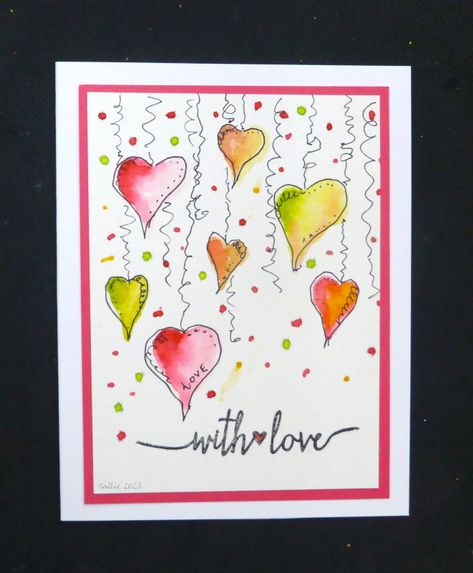 Watercolour Valentines Day Card, Valentines Watercolor Cards, Watercolor Valentines Cards, Marker Doodles, Watercolor Crafts, Watercolor Dots, Valentines Watercolor, Watercolour Cards, Watercolor Stamps