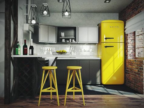 Loft kitchen by Svetlana Manvelova Home Studio Ideas, Ideal Kitchen, Loft Kitchen, Kitchen Design Color, Kitchen Modular, Decoration Styles, Small Kitchens, Small Studio Apartments, Yellow Kitchen