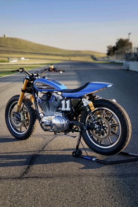 2001 Harley-Davidson 1200 Sportster street tracker by Bill Brosius, built in tribute to his father and their shared love of flat track racing. Harley Davidson Flat Tracker, Harley Flat Tracker, Sportster Tracker, 1200 Sportster, Street Tracker Motorcycle, Harley Davidson 1200, Flat Track Racing, Hd Sportster, Flat Track Motorcycle