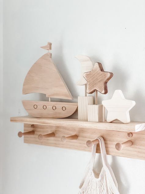 Nautical Nursery Sailboat Nursery Decor Wood Sailboat - Etsy Peg Shelves, Sailing Nursery, Nursery Sailboat, Nautical Boys Room, Nautical Boy Room, Wood Sailboat, Sailboat Nursery, Nautical Baby Room, Baby Shower Nautical