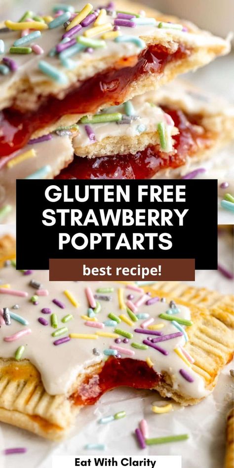 These gluten free homemade strawberry poptarts are easy to make, dairy free and vegan friendly. These potparts are filled with strawberry jam and make the perfect gluten free breakfast or dessert. Vegan Pop Tarts, Vegan Poptarts, Gluten Free Pop Tarts, Strawberry Pop Tarts, Strawberry Pop, Strawberry Pop Tart, Pop Tart, Tasty Breakfast, Homemade Gluten Free