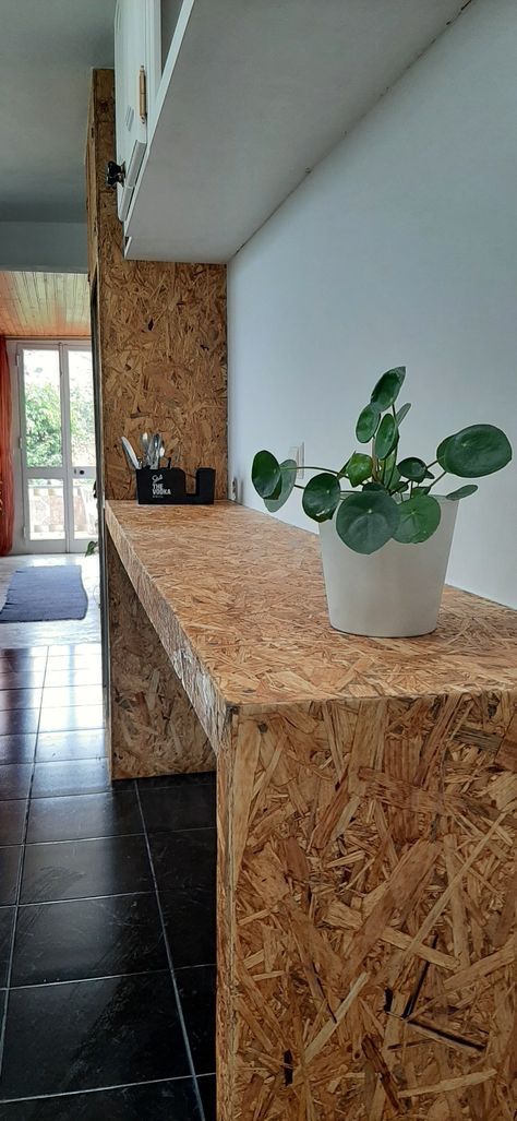 Osb Countertop, Osb Walls, Oak Garage, Osb Furniture, Osb Wood, Osb Board, Boat House Interior, Black Countertops, Farmhouse Entryway