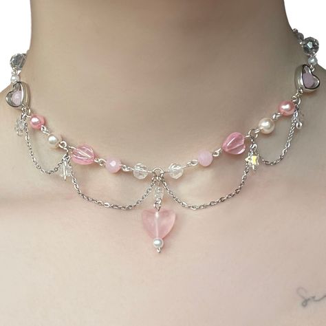 ♡ Beaded choker necklace ♡ Around 36cm with 5cm extension  ♡ Made with mostly plastic/acrylic beads and silver plated metal wire Metal Wire Bracelet, Cute Pink Necklace, Beaded Wire Necklace, Wire Necklace Ideas, Metal Beaded Choker, Pink Aesthetic Necklace, Necklace Beads Ideas, Princesscore Handmade Necklace For Gift, Cute Handmade Pink Choker