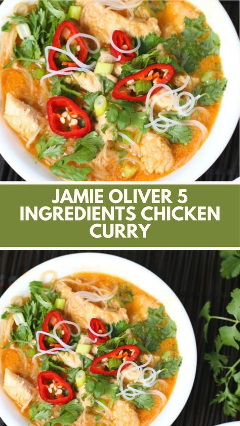 Jamie Oliver 5 Ingredients Chicken Curry is made with coconut oil, chicken breast, cream of coconut, red Thai curry sauce, and rice stick vermicelli noodles. This creamy Chicken Curry recipe creates a delicious dinner that takes about 25 minutes to prepare and can serve up to 4 people. Jamie Oliver Cooking For Less Recipes, Jamie Oliver 5 Ingredients, Thai Curry Sauce, Creamy Chicken Curry, Red Thai Curry, Cream Of Coconut, Red Thai, Chicken Curry Recipe, Jamie Oliver Recipes