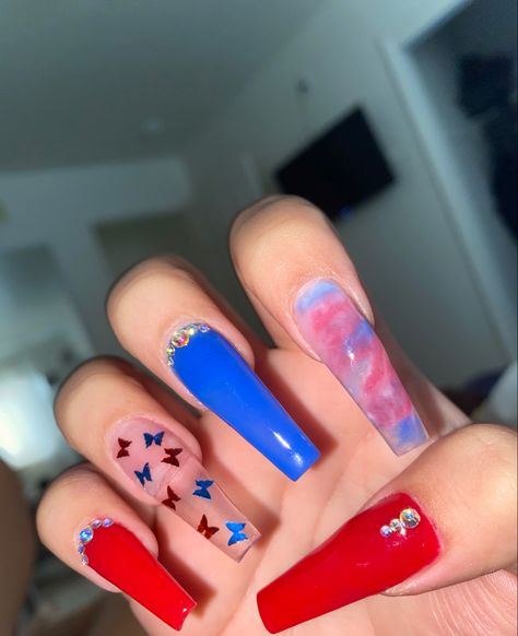 Red White Blue Acrylic Nails, July Acrylic Nails, Red And Blue Acrylic Nails Coffin, Nails Red And Blue, Long Fourth Of July Nails, Royal Blue And Red Nails, Long 4th Of July Nails, 4th Of July Nails Acrylic Coffin, Blue And Red Nails Ideas