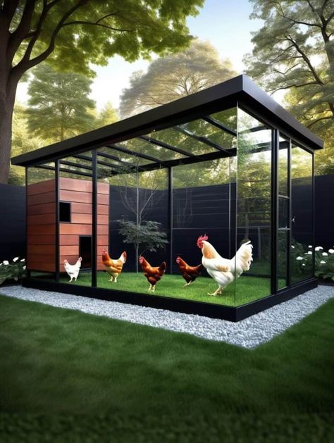 Create a modern masterpiece with a reflective glass pavilion chicken coop. Mirrored surfaces provide an illusion of spaciousness while allowing you to keep an eye on your chickens in a visually stunning setting. Glass Chicken Coop, Modern Chicken Coop Ideas, Modern Chicken Coop Design, Luxury Chicken Coop, Modern Chicken Coop, Tiny Zen Garden, Fairy Tale Cottage, Glass Pavilion, Chicken Tractor