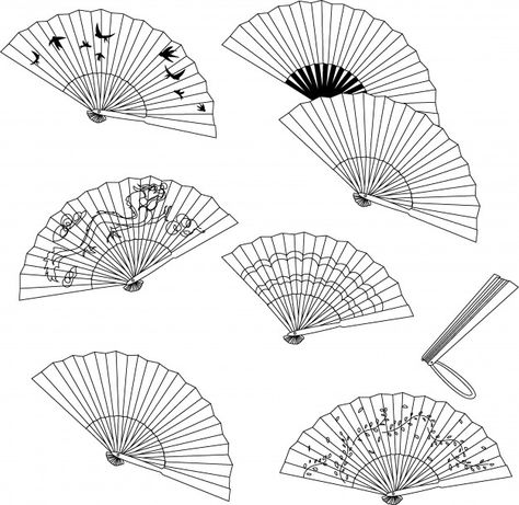 Collection of handheld fan isolated on a white background. Premium Vector How To Draw A Fan, Chinese Fan Tattoo Design, Chinese Fan Drawing, Chinese Fan Tattoo, Traditional Fan Tattoo, Tattoo Black And White, Fashion Chinese, Fan Tattoo, Fan Drawing