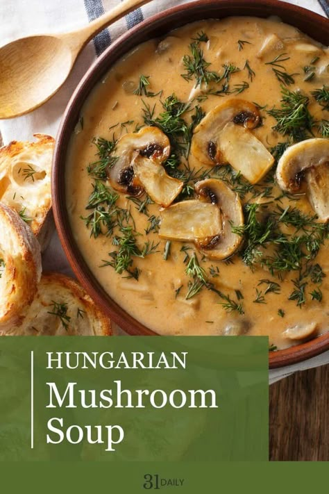 Harvest Mushroom Soup, Hungarian Mushroom Soup Crock Pot, German Mushroom Soup, Creamy Hungarian Mushroom Soup, French Mushroom Soup, Beefy Mushroom Soup Recipes, Hungarian Mushroom Soup Recipe, Mushroom Recipes Soup, Mushroom Bisque Soup