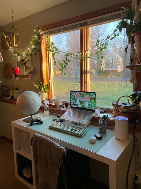 Study Desk With Window, Study Place Decor, Calm Desk Setup, Two Gaming Setups In One Room, Study Desk Set Up Aesthetic, Cozy Desk Setup Study, Comfy Study Space, Cute Desk Space, Pretty Desk Set Up