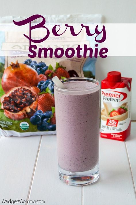 Berry Smoothie made with Premier Protein Shakes At Costco • MidgetMomma Protien Shake Recipes, Protein Drink Recipes, Berry Protein Smoothie, Energizing Breakfast, Premier Protein Shakes, Infused Waters, Protein Fruit, Smoothie Fruit, Easy Protein