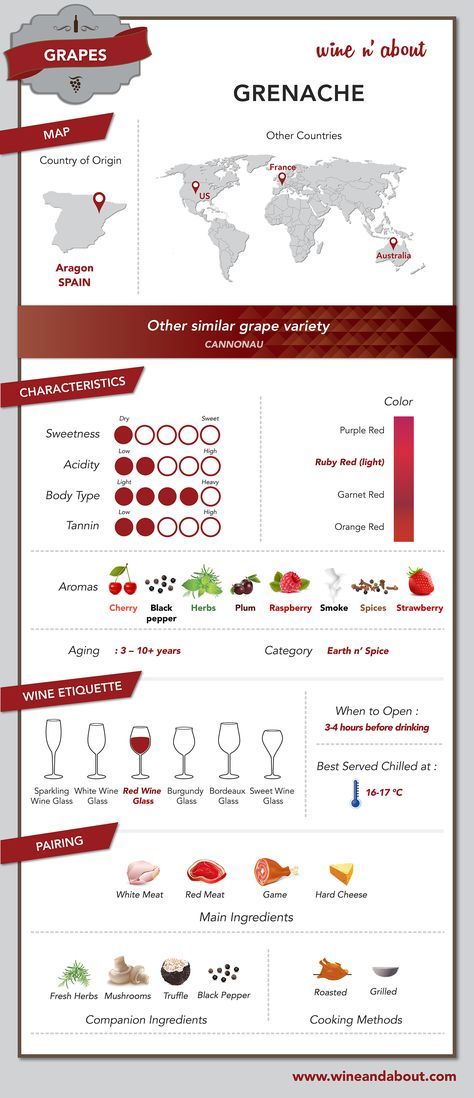 The grape variety called Grenache is one of the most widely planted red wine grapes in the world. It is probably originated from Spain, where is widely diffused. Today can be found mainly – but not only - in the south of France, California and Australia. Wine Etiquette, Wine Basics, Malbec Wine, Wine Facts, Fruity Wine, Spiced Wine, Wine Knowledge, Wine Varietals, Wine Education