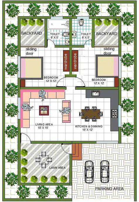 30' x 50' East Facing House Plan With Interior Design And Dimension detail in Dwg file. This file includes the detailed study of the house with living area, kitchen, and dining, 2 master bedrooms attached with toilet, lawn area, backyard, and car parking area. #cadbull #caddrawing #cadarchitecture #architecture #autocad #autocaddrawing #layoutplan #free #elevation #houeplan #interiordesign #livingarea #kitchen #dining #masterbedrooms #attachedtoilet #lawnarea #backyard #carparkingarea 30×50 House Design, Car Parking Design Home Garden, Courtyard Design Plan, House Car Parking Design, Home Parking Area Ideas, 25×50 House Plan, Plot Design, East Facing House Plan, Autocad Plan