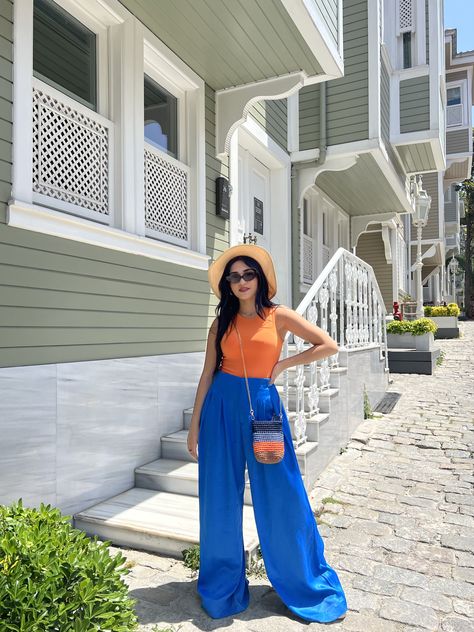 Orange and blue, color blocking, outfit inspo, vacation ootd, summer outfits, 2022 fashion trends. Blue Color Block Outfit, Color Blocking Outfits Summer, Tampa Bachelorette, Orange And Blue Outfit, Classy Baddie Outfits, Orange And Blue Combination, Blue Summer Outfits, Baddie Outfits Summer, Seasonal Outfits