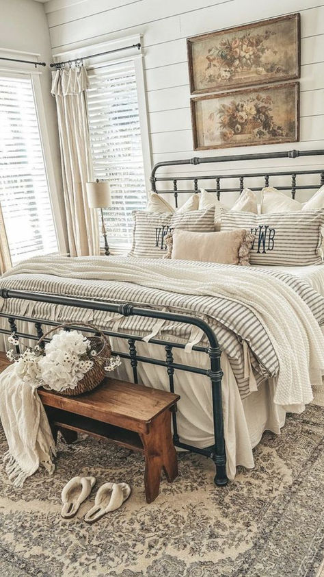 Farmhouse bedroom aesthetic Monogram pillows Farmhouse tiny cottage Simple Living Southern Living The perfect bedspread for the perfet cottage core bedroom Farmhouse Bedroom Iron Bed, French Linen Bedding Master Bedrooms, Farm Chic Bedroom, Country Chic Bedrooms, Small Cottage Home Decor, Farmhouse Iron Bed, Old Farmhouse Master Bed, Vintage Farmhouse Bedding, Small Bedroom Layout Ideas Cozy