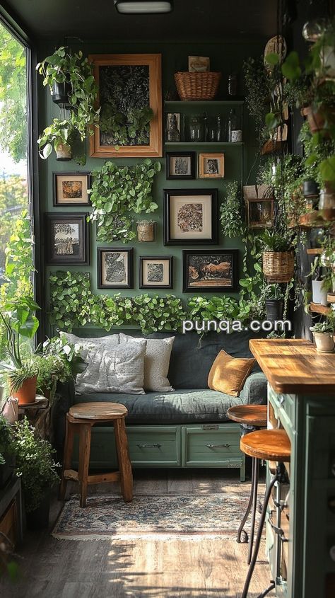 Minimal Space, Maximum Art: Stylish Display Ideas for Tiny Areas - punqa.com Tiny House Plants Indoor, Vintage Plant Aesthetic Room, Green Wall Aesthetic, Green Art Studio, Botanical Interior Design, Tiny Cafe, Indoor Garden Rooms, Cozy Flat, Gerobak Dorong