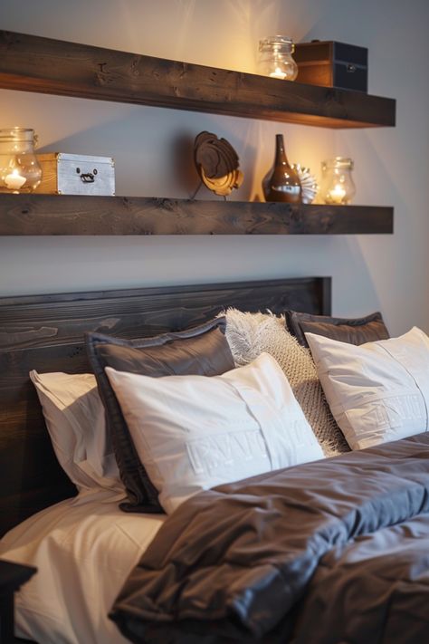 13 Gorgeous Ideas For Above-Bed Wall Decor You Need To See - DreamyHomeStyle Shelves Above Headboard Bedroom, Shelf With Lights Above Bed, Shelf Over Headboard, Headboard Shelf Decor, Wall Shelves Above Bed, Shelves Over Bed Ideas, Behind Bed Shelf, Bedroom Shelf Decor Above Bed, Above Headboard Ideas