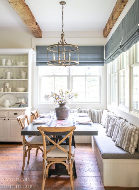 Dining Nook Built In, Breakfast Nook Bench Under Window, Kitchen Nook Rectangle Table, Breakfast Nook With Rectangular Table, Built In Breakfast Nook Corner Window, Window Bench Table, Modern Farmhouse Breakfast Nook, Dining Table Breakfast Nook, Large Breakfast Nook