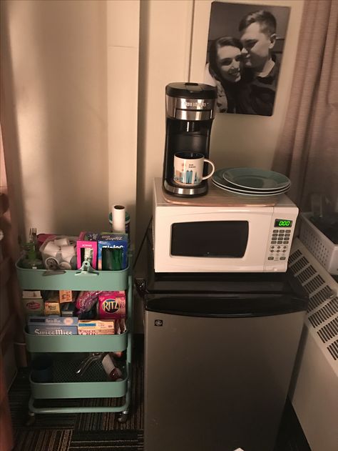 Dorm Room Fridge Set Up, Ucsd Dorm, Whimsigothic Home Bedroom, Dorms Ideas, Bedroom Baddie, Modern Kitchen Decor Ideas, Single Dorm Room, Whimsigothic Home, Dorm Room Items