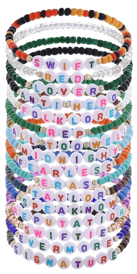 PRICES MAY VARY. [Handmade Taylor inspired friendship bracelets]: The Taylor Bracelets consist of 12 carefully handcrafted bracelets, each corresponding to one of Taylor Swift's ten albums. Each bracelet is designed in a unique style and color, making them a special accessory. [High-quality materials and size]: The bracelets are made from high-quality materials such as acrylic beads ball, soft polymer clay, and copper beads. They are comfortable to wear, and the strings are flexible. The length Popular Jewelry Trends, Music Bracelet, Preppy Jewelry, Music Jewelry, Clay Bracelet, Bead Charms Diy, Bohemian Bracelets, Popular Jewelry, Jewelry Outfit