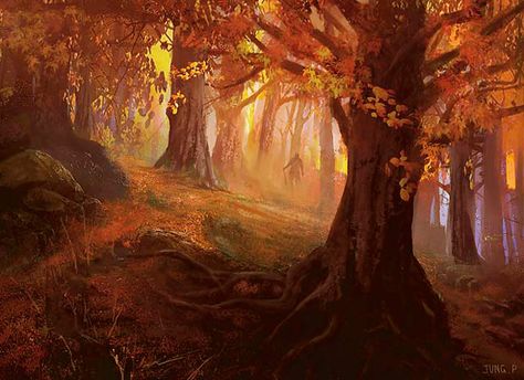 Red Tree Fantasy Art, Fall Forest Fantasy Art, Autumn Forest Fantasy Art, Autumn Forest Art, Autumn Fantasy Art, Fantasy Autumn, Forest Falls, Forest Sunset, Park Forest