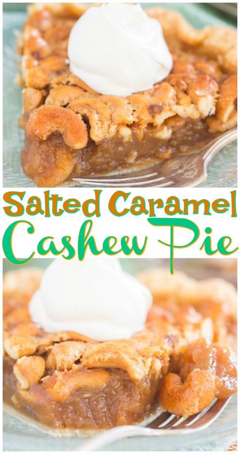 This Salted Caramel Cashew Pie features a thick layer of sweet, ooey-gooey caramel filling paired with toasty, buttery, salted cashews. #cashews #cashewpie #pie #thanksgiving #recipe #holidaypie #fallbaking #baking Cashew Pie Recipe, Cashew Pie, Winter Pies, Caramel Cashew, Salted Cashews, Cashew Recipes, Caramel Pie, Heavenly Recipes, Pie Thanksgiving