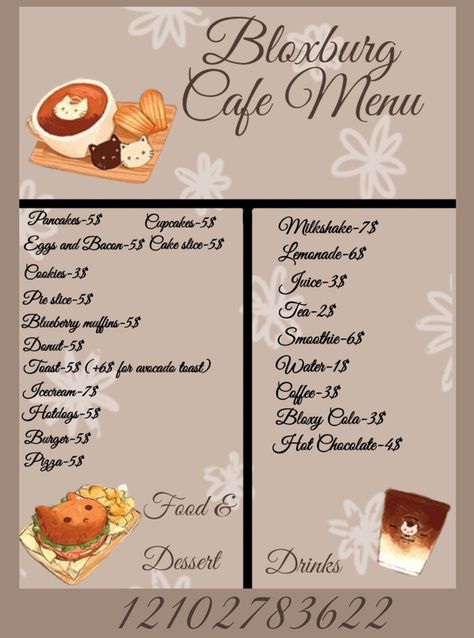 Cat Cafe Food Drinks, Cat Cafe Bloxburg, Bloxburg Cafe Menu Decals, Roblox Cafe, Cafe Decals, Town Decals, Cottagecore Cafe, Roblox Decal Id, Bloxburg Ids