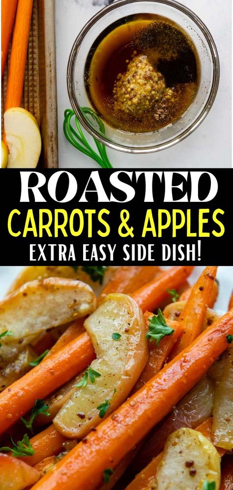 Looking for an easy carrot apple side dish recipe? These caramelized carrots and apples with a maple dijon mustard glaze is quick and simple for a weeknight dinner, but impressive enough for guests! Roasted Carrots And Apples, Carrots And Apples Recipe, Carrot Apple Recipes, Carrot And Apple Recipes, Apple Carrot Recipes, Roasted Apples And Carrots, Apple Sides For Pork, Healthy Carrots Side Dish, Sliced Carrots Recipe